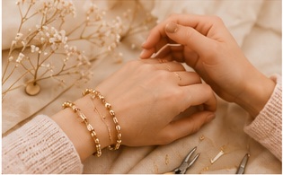 Elen mostrando pulseras hechas a mano